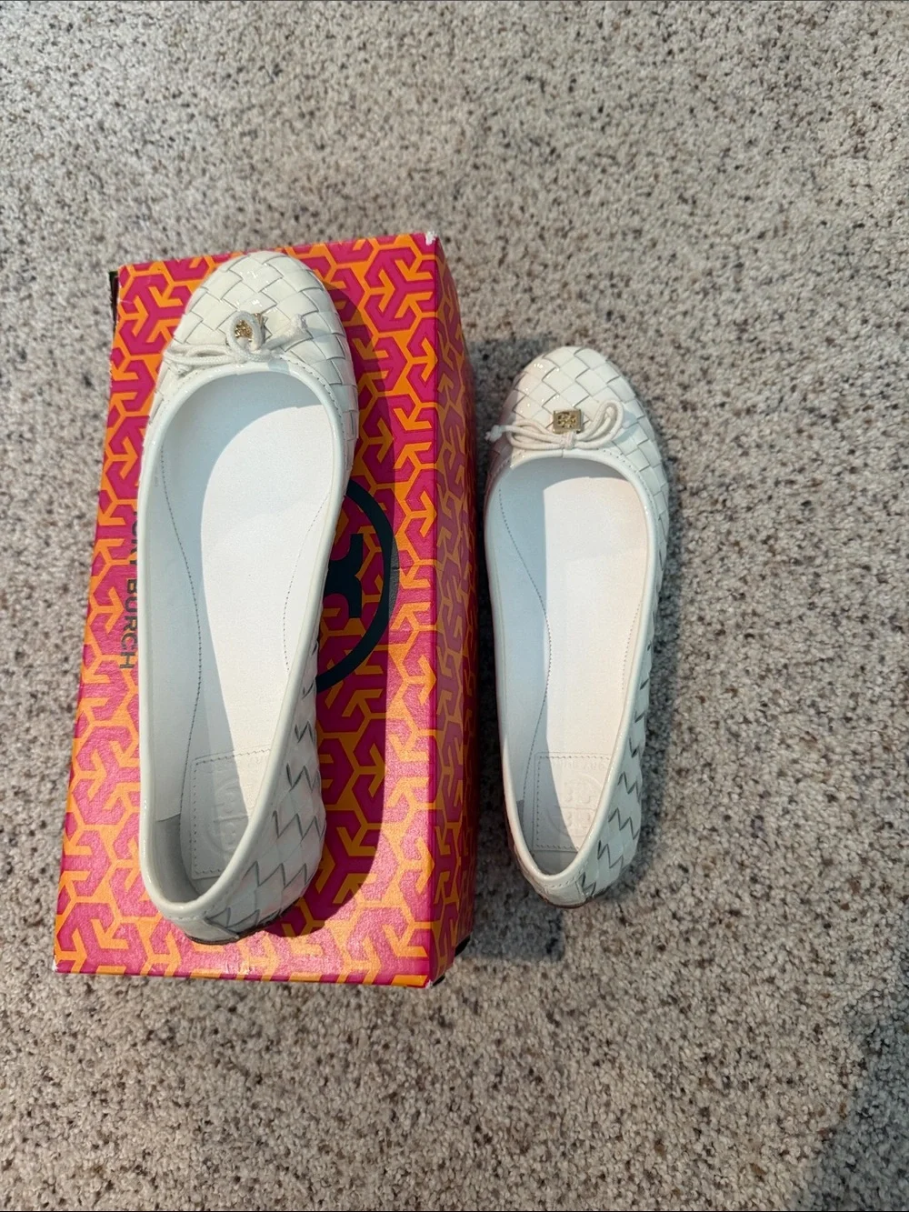 Tory Burch Ivory Woven Leather Ballet Flats with Bow